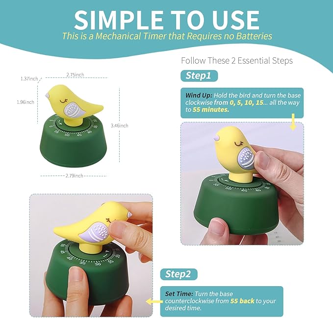 Mechanical Kitchen Timer, Cute Timer for Kids, Wind Up 60 Minutes Manual Countdown for Classroom, Home, Study and Cooking
