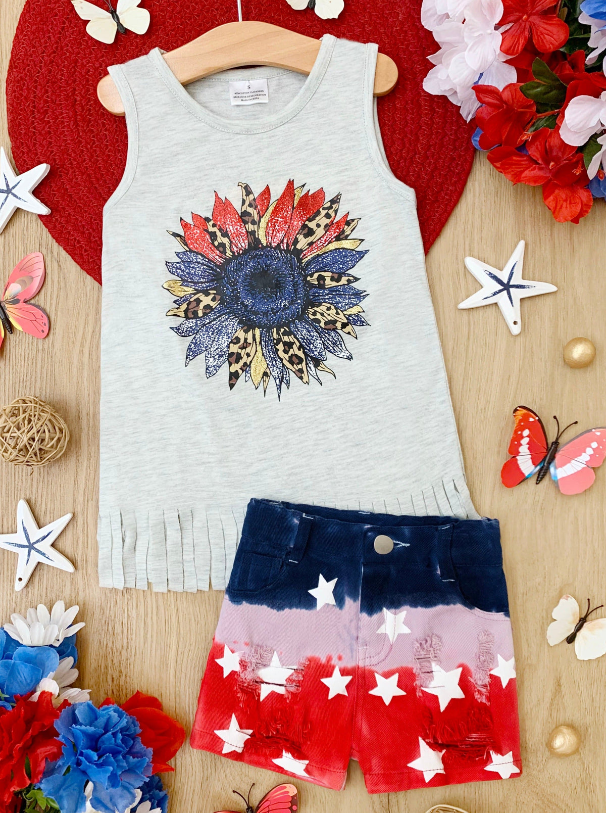 American Flower Fringe Tank Top and  Denim Shorts Set