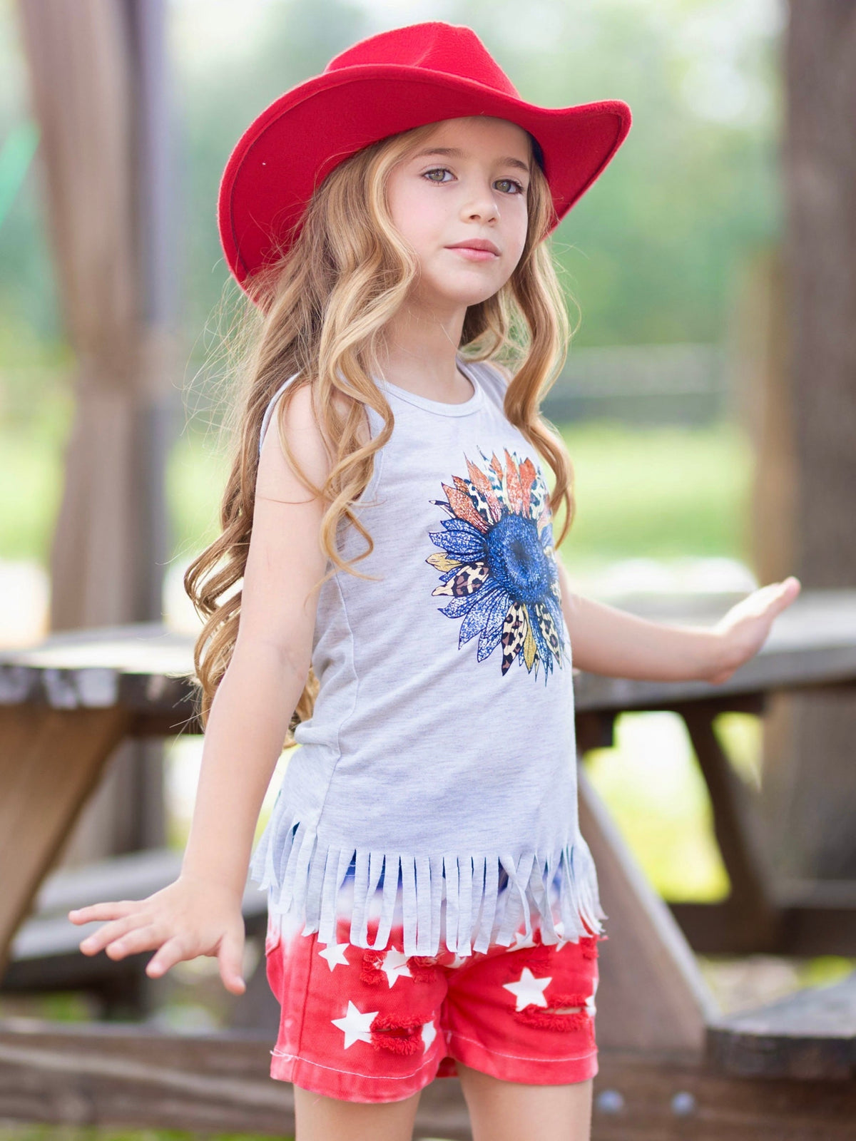American Flower Fringe Tank Top and  Denim Shorts Set